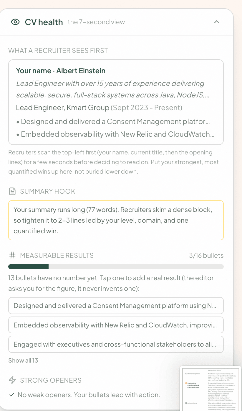 CV Canvas reading a CV the way a recruiter skims it in seven seconds