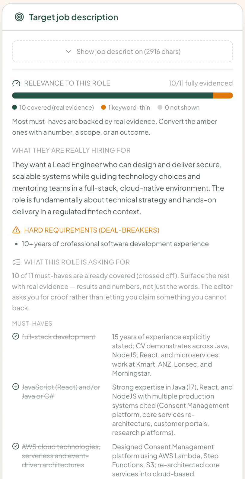 CV Canvas scoring a CV against the job, requirement by requirement